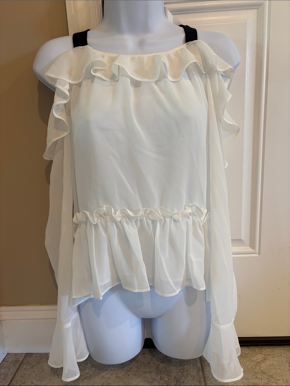 Ina Ivory Cold-Shoulder Ruffle Blouse with Black Bow Straps